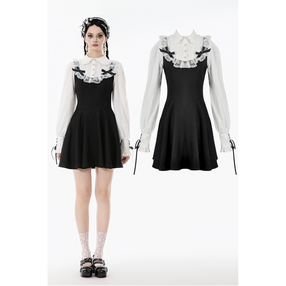 Dark in Love - Dolly Lolita Style Faux TwoPiece Ribbon Korte jurk - Zwart/Wit